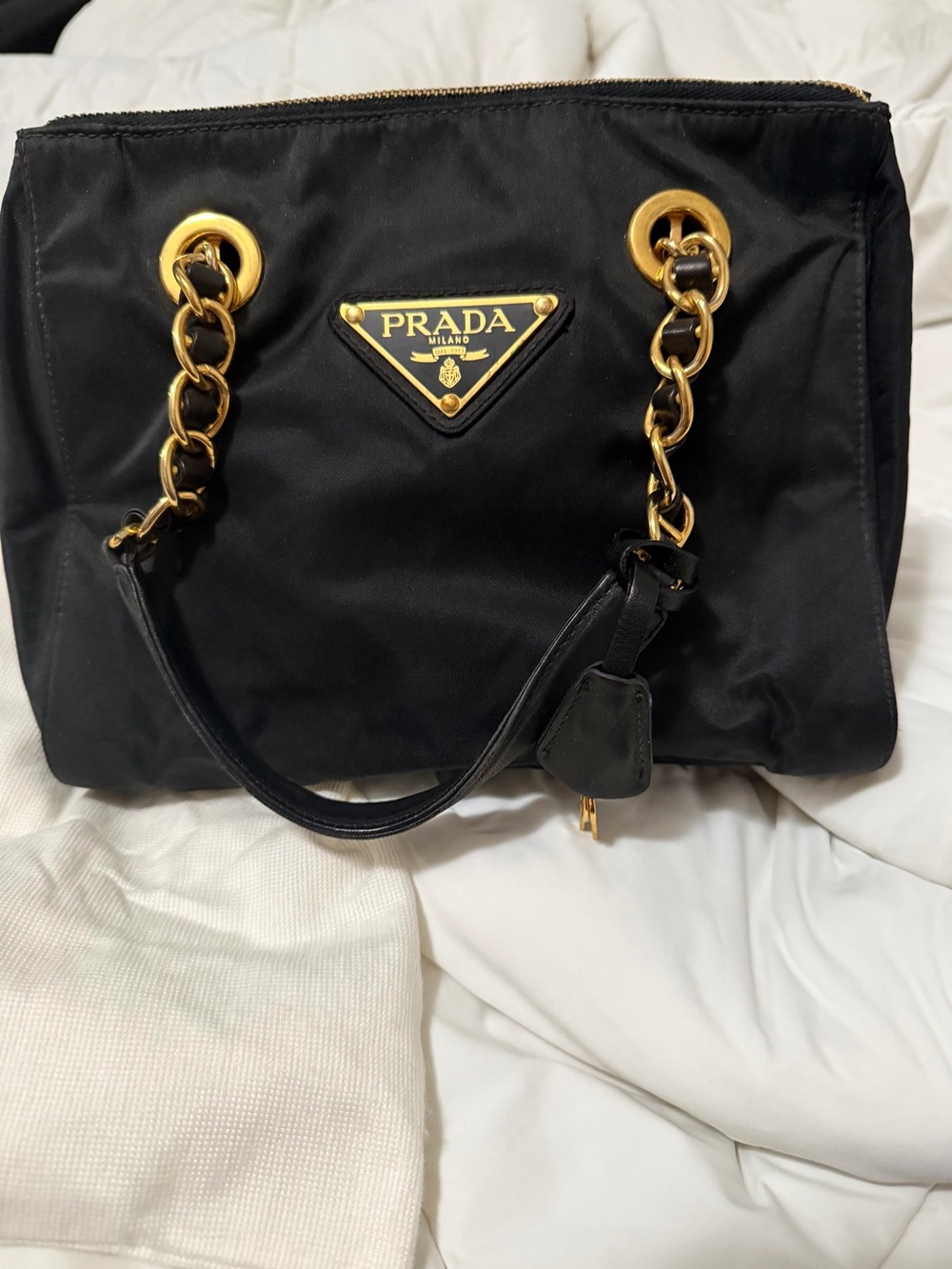 Prada Black Nylon Shoulder Tote with Gold Chain Accents